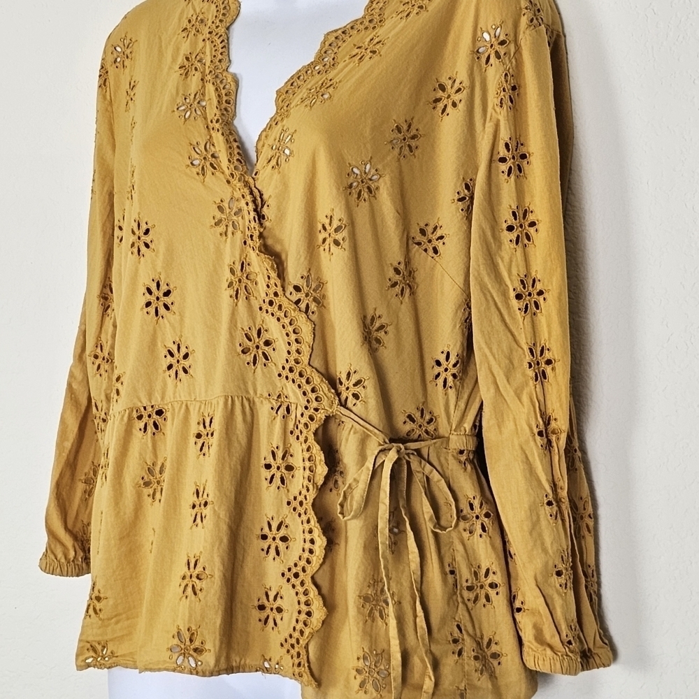 Madewell Scalloped Eyelet Wrap Blouse Mustard Yellow Boho Top - Picture 5 of 15